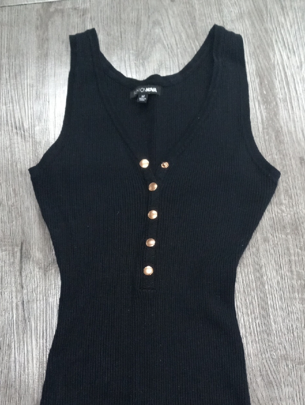 Fashion Nova Black Ribbed Sleeveless Midi Dress with Gold Buttons - Picture 3 of 6